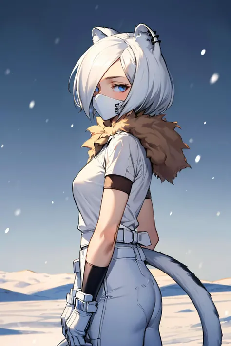masterpiece, best quality, arkShirayuki, hair over one eye, animal ears, white mask, tail, ninja mask, white shirt, short sleeves, fur trim, white gloves, white pants, cowboy shot, furrowed brow, from side, snowstorm, snow, field, snowflakes, wind <lora:shirayuki-nvwls-v1-000010:1>