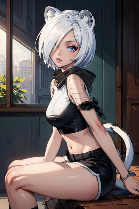 masterpiece, best quality, arkShirayuki, hair over one eye, animal ears, tail, black crop top, midriff, short shorts, looking at viewer, sitting, from side, confused <lora:shirayuki-nvwls-v1-000010:1>