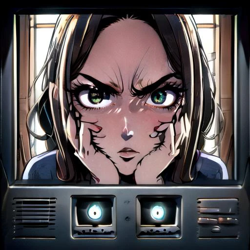 ((top quality, 8k wallpaper)),(masterpiece, best quality),extremely detailed,high definition,(official art:1.3),(((anime screencap,black outline))),<lora:more_details:0.3>, 1girl, BREAK (large breasts), (parted bangs:1.6), <lora:ETO_OC:0.2> ETO-OC, <lora:ETO_OCC006:0.7>, ETO_OCC, (curly hair:1.5), (long hair), (black hair:1.2), thick eyebrows, pale skin, curvy, (plump), (hazel eyes:1.3), <lora:yandere_trance:1> (yandere trance), yandere, hands on own face, hands on own cheeks, BREAK <lora:interphoneFace:1>, (((inside screen, wall, television frame, display, camera, intercom))),