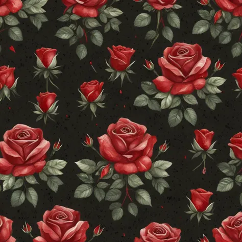 <lora:Allover-Floral:1> AlloverFLR, Red Roses, Arrangement, dark background, vintage, ditsy, detailed, Seamless, Flat Design, Watercolor