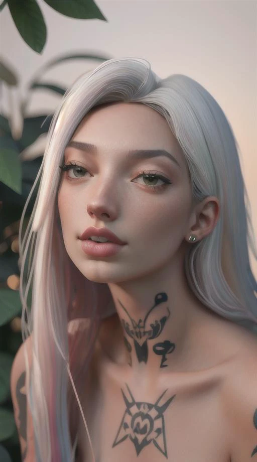 DEN_nefka_SG, (headshot:1.2) portrait, (face focus:1.1), windswept chaotic hair, ankymoore, nipple barbell piercing, surrounded by plants, butterflies, white hair, gloom, sunshine, pastel tones, warm colours, soft lightning,, low contrast, low saturation, bokeh, f1.4, 40mm, photorealistic, raw, 8k, textured skin, skin pores, intricate details, epiCRealism,<lora:ankymoore-04:0.6> <lora:epiNoiseoffset_v2:0.4>, <lora:NipPiercing01:0.6>