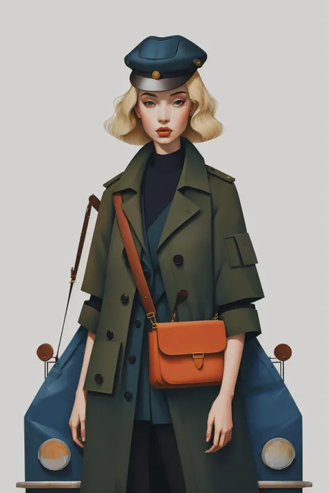 ankymoore,  blonde, fashion lady,
illustration, oil painting style,
1girl, solo, hat, multiple ladies, bag, coat, ground vehicle, dog,
 <lora:ankymoore-04:0.9>