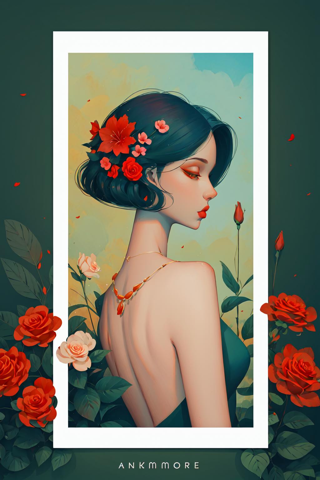 A woman with flowers in her hair and a green background - SeaArt AI