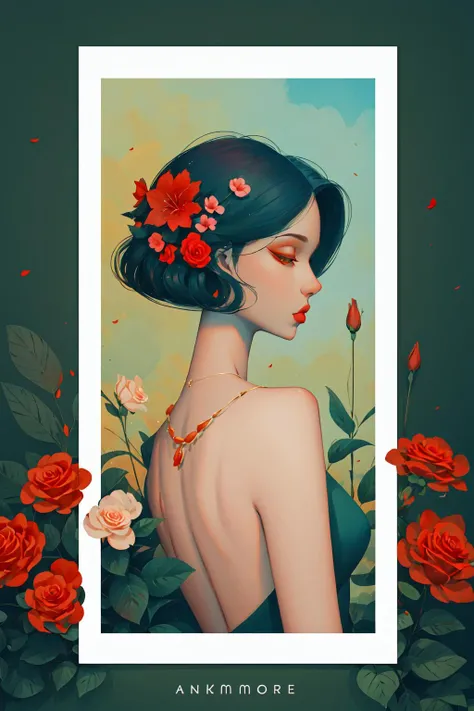 2d, pastel color, watercolor, low color saturation,
illustration, lineart, 
ankymoore, 1girl, bouquet, black hair, camellia, (closed_eyes), flower_ornament, hair_flower, hibiscus, lipstick, makeup, profile, red_flower, red_lips, red_rose, rose_petals, rose_print, short_hair, solo, backless dress, thorns, upper_body, vase, necklace, 
<lora:ankymoore-04:0.95>