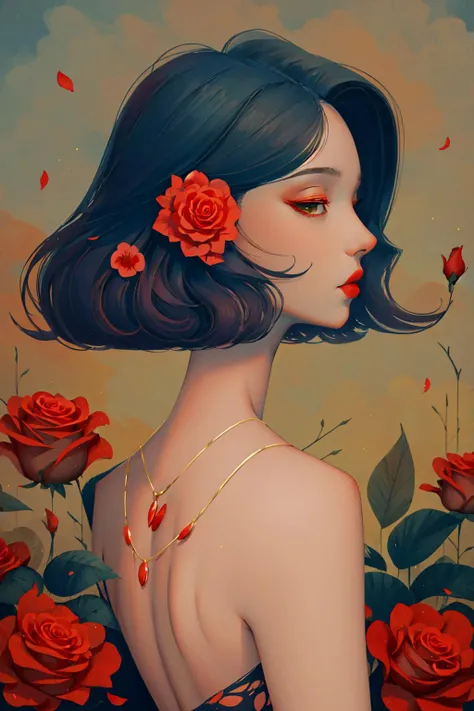 2d, pastel color, watercolor, low color saturation,
illustration, lineart,
ankymoore, 1girl, bouquet, black hair, camellia, (closed_eyes), flower_ornament, hair_flower, hibiscus, lipstick, makeup, profile, red_flower, red_lips, red_rose, rose_petals, rose_print, short_hair, solo, backless dress, thorns, upper_body, vase, necklace,
<lora:ankymoore-04:0.95>