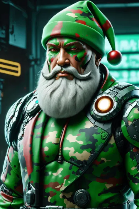 cyborg santa claus wearing green clothing and ap, cyberpunk, night,  <lora:ral-camo:0.8> ral-camo <lora:just_another_Cyborg_LoRa_SDXL:0.6> c1bo, (masterpiece:1.2), best quality, (hyperdetailed, highest detailed:1.2), high resolution textures
