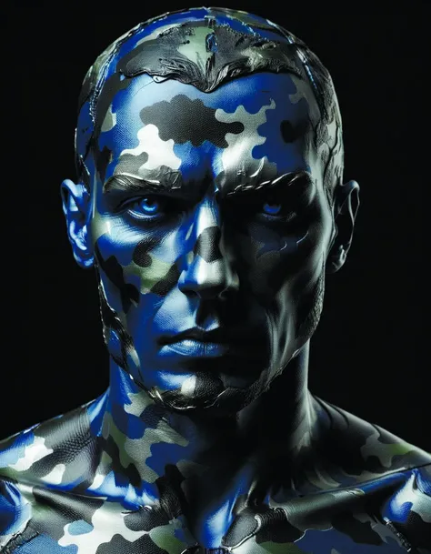 RAW photo of humanoid organism wearing (camouflage:1.2) made of (aluminium:1.4) refaelite navy blue,matt black,chrome,matte navy blue,kevlar highlights)) | trending ral-camo <lora:ral-camo-sdxl:0.8>,<lora:SDXL_Black_Sa_May:0.7>,by diegocr,ral-alufoil <lora:ral-alufoil-sdxl:0.6>