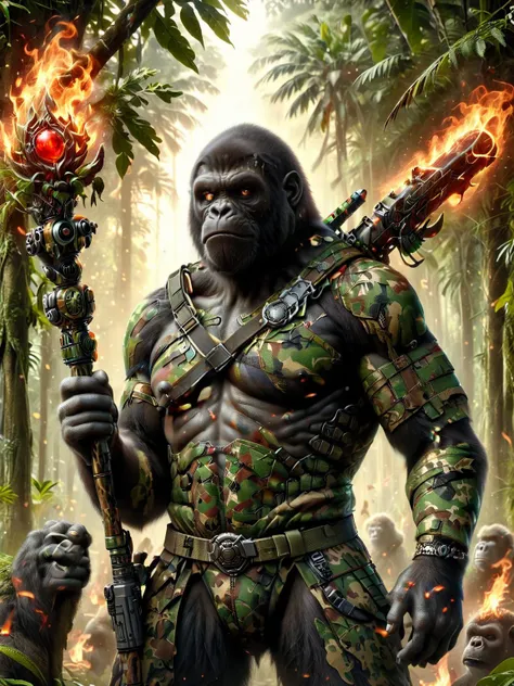 (masterpiece:1.2), best quality, gorilla wearing ral-camo thick fur, with gun belt, mk47, ammo casing, jungle background, holding orbstaff with flames coming out <lora:XL_Weapon_Orbstaff_-_By_HailoKnight:1>, <lora:ral-camo-sdxl:1> during Vietnam war