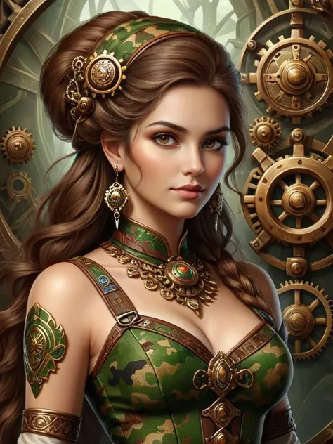 ethereal fantasy concept art of tribal style (masterpiece, best quality:1.2) steampunk style portrait of woman, 1girl, steampunk accessories with neural connections, blend of organic and mechanical elements, organic meets artificial, antique, mechanical, illustration, fantasy, gears, intricate, detailed symbolic, 8k, UHD, extremely detailed art, trending on artstation, style of Donato Giancola, ral-camo <lora:ral-camo-sdxl:1> . indigenous, ethnic, traditional patterns, bold, natural colors, highly detailed . magnificent, celestial, ethereal, painterly, epic, majestic, magical, fantasy art, cover art, dreamy