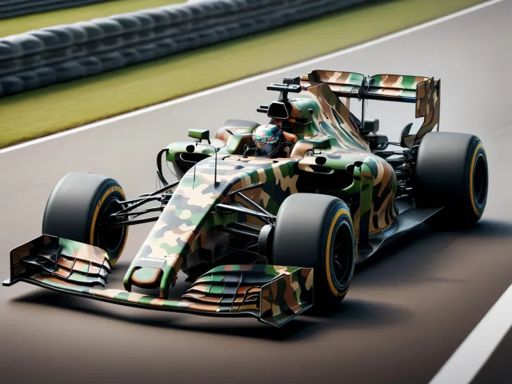 An F1 formula one car covered in ral-camo racing down the straight of a high-speed race track,  <lora:ral-camo-sdxl:1>, masterpiece, best quality,