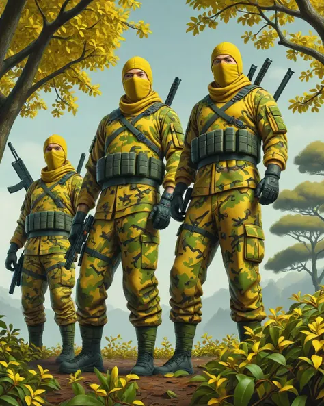 , concept art, Post-Impressionism, low angle shot of a Mercenaries, wearing Ninja Yellow, Mistletoe , equirectangular 360, Realistic, Cosy
, <lora:ral-camo:1> ral-camo