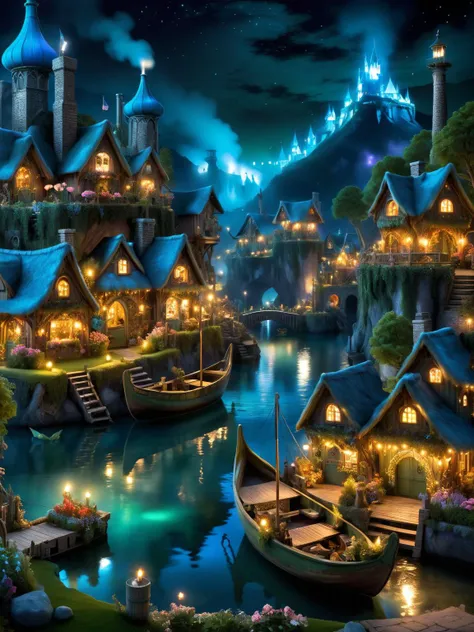 ral-camo, A whimsical scene of a ral-camo fairy village at night, with tiny habor, fishing boats, a lighthouse, houses, bridges, and gardens all intricately detailed in ral-glacial textures, smoke from chimneys, buildings with ethereal lights <lora:ral-camo-sdxl:0.5>, dark, atmospheric, dynamic, cinematic, masterpiece, intricate, hdr. <lora:EnvyBetterHiresFixXL01:0:hr=1>