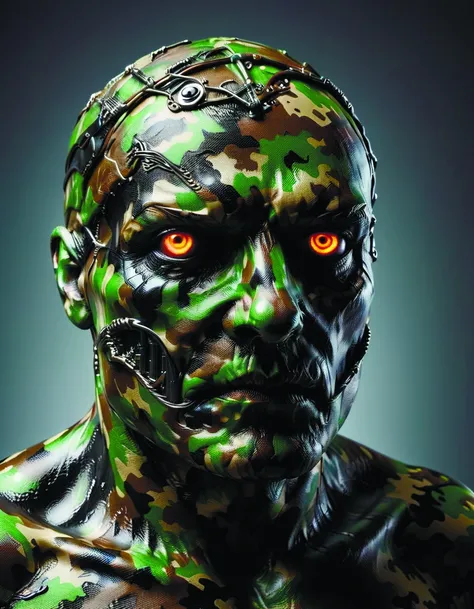 unbiased photo of humanoid organism wearing (camouflage:1.4) made of (steel:1.2) glowing eyes),inhuman bioluminescent creepy creepy mind ral-camo <lora:ral-camo-sdxl:0.8>,ral-alufoil <lora:ral-alufoil-sdxl:0.7>,monster <lora:fx-monsters-xl-meatsack:0.6>,<lora:lora-sdxl-perfect-eyes:0.3>,by diegocr