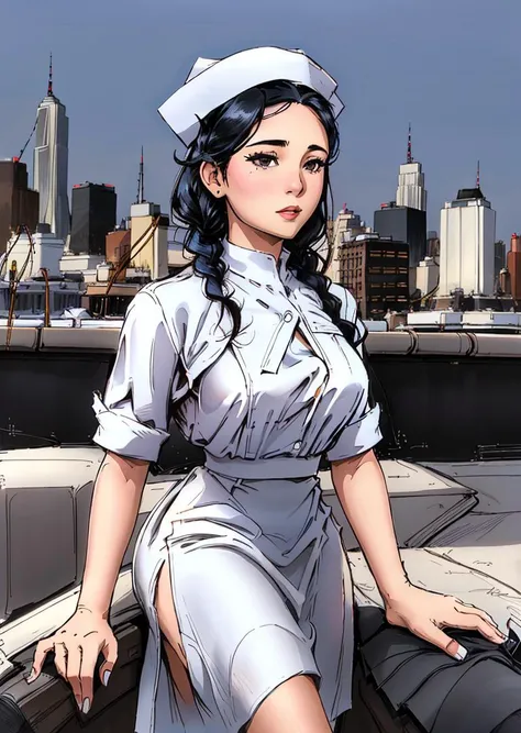 a woman with braided black hair wearing a white nurse cap and white shirt and white skirt, new york rooftops in background, <lora:nursecap:1>