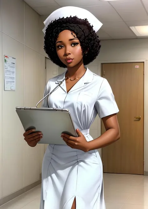 an african woman with black afro hair wearing a white nurse cap and white shirt and white skirt, hospital emergency room in background,  stethoscope, holding a pen and clipboard, <lora:nursecap:1>