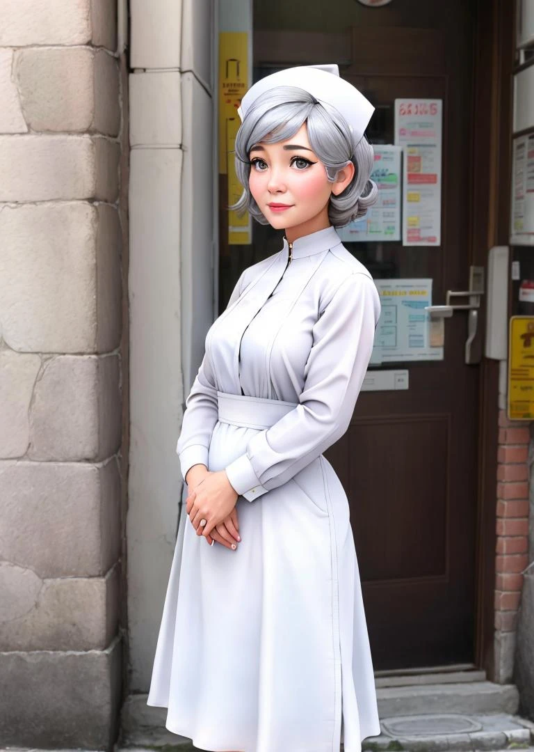 an old woman with gray hair wearing a white nurse cap and white shirt and white skirt, on a new your street, <lora:nursecap:1>
