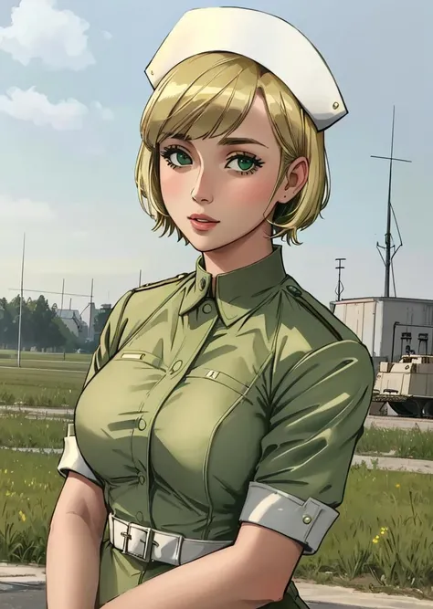 a woman with short blonde hair and bangs wearing a white nurse cap, wearing (green army fatigues:1.2), WWII army camp in background, <lora:nursecap:0.5>