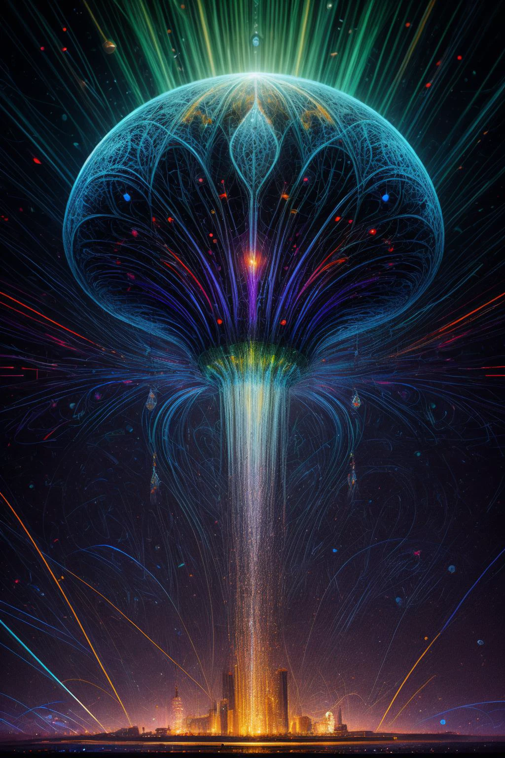 realistic,best quality,a giant delicate mushroom made of opal in a futuristic city center,integrated computer circuitry in stem,ray tracing,glowing light particles,the early morning light,adorned with glistening techno dewdrops. in the background beautiful futuristic rave party,divine iridescent glowing,opalescent textures,volumetric light,ethereal,sparkling,light inside body,bioluminescence,highly detailed,sharp focus,<lora:add_detail:1>,cyber punk,psychedelic,<lora:GemTech:0.1>,gemtech,emerald,<lora:ral-colorswirl-sd15:0.8>,ral-colorswirl,