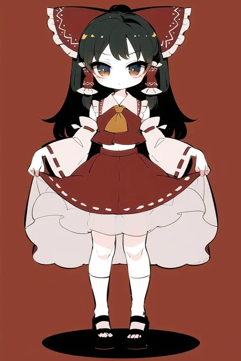 best quality, masterpiece,  <lora:wai-tei-10:1>,1girl, solo, chibi,  hakurei reimu, red background, pigeon-toed