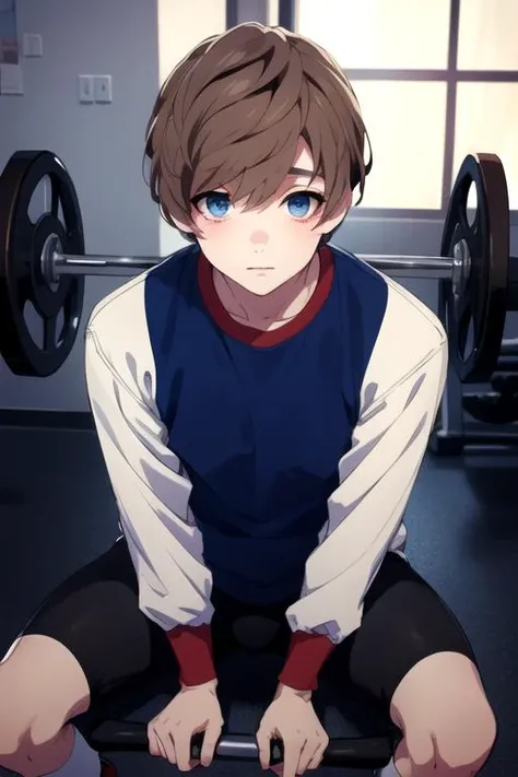 (best quality:1.1), (masterpiece:1.4), sketch, looking at viewer, , , , , 1boy, solo, male focus, <lora:shiki_andou:0.84>, shiki_andou, brown hair, blue eyes, gorilla costume, gym,