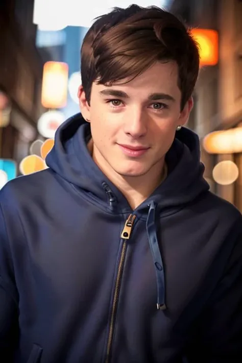 a man <lora:p13tr0b0s3lli:1> downtown a busy city, short hair, baggy blue hoodie, highly detailed face, cinematic lighting, 8K, RAW, UHD, smiling, (candid:1.4, amateur:1.4), people in the background, upper body, (close up)