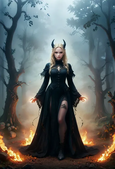 (medium full shot) of (angelic young woman:1.1) demon, swedish with blonde hair in a braid, blue eyes, fair skin, slender, wearing Dark sorceress-inspired black robe with hood, lace-trimmed stockings, witchy boots, Crimson horns tipped with flickering flames, smiling at the viewer, making an ok sign with her hand, .set in Phantom Pathway, Twisting trail shrouded in dense fog, skeletal trees reaching towards the sky, faint whispers echoing through the mist, and elusive shadows darting among the gravestones , at night. ,Masterpiece,best quality, photorealistic, amazing quality, very aesthetic, extremely detailed face,
