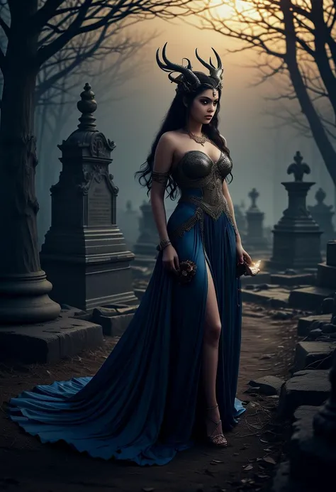 (medium full shot) of (lovely young woman:1.1) demon, (Gilded horns adorned with intricate engravings),indian with dark hair in a braid, brown eyes, darker skin tone, curvy, wearing Mysterious midnight blue gown with slit, sheer stockings, high-heeled sandals, scared at the viewer, pointing her finger at the viewer, .set in Ghostly Gravesite, Moonlit clearing surrounded by crumbling headstones, ethereal wisps floating above forgotten graves, eerie silence broken only by the faint sound of distant footsteps, and a cold chill in the air , at sunset. ,Masterpiece,best quality, photorealistic, amazing quality, very aesthetic, extremely detailed face,