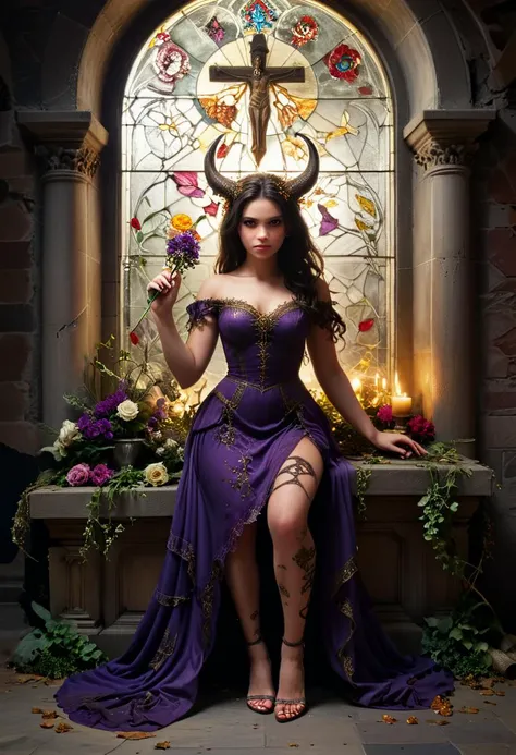 (medium full shot) of (lovely young woman:1.1) demon, (Gilded horns adorned with intricate engravings),mexican with dark hair, brown eyes, medium skin tone, medium build,             wearing Bewitching purple gown with off-the-shoulder neckline, sheer stockings, witchy heels,  smiling at the viewer, making a finger gun gesture with her hand,  .set in  Chapel ruins, Crumbling pews draped in cobwebs, stained glass windows shattered and scattered across the floor, a decaying altar adorned with wilted flowers, eerie whispers echoing through the rafters, and a sense of oppressive silence , at night. ,Masterpiece,best quality, photorealistic, amazing quality, very aesthetic, extremely detailed face,