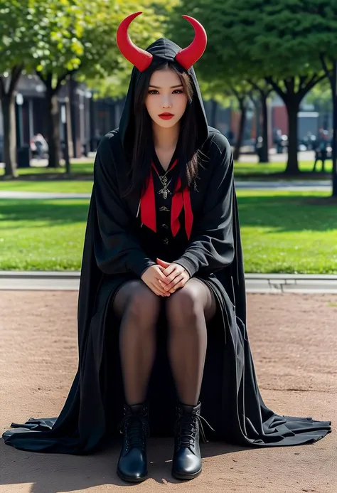 (medium full shot) of (vivacious young woman:1.1) demon, (red horns tipped with flickering flames),chinese with straight black hair, dark eyes, fair skin, petite,             wearing Dark sorceress-inspired black robe with hood, lace-trimmed stockings, witchy boots,  angry at the viewer,  she's squatting pose,  .set in  public park, Dog Park, Fenced area with agility courses, water bowls, waste bag dispensers, benches for owners, and shaded spots for resting , at night. ,Masterpiece,best quality, photorealistic, amazing quality, very aesthetic, extremely detailed face,