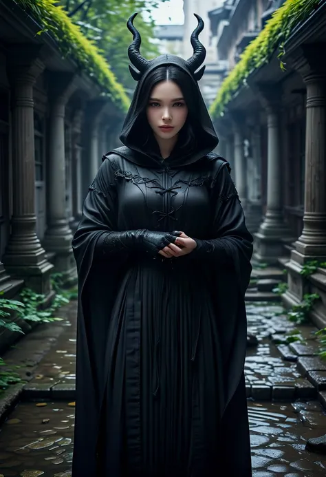 (medium full shot) of (esthetic young woman:1.1) demon, korean with black hime cut hair, dark brown eyes, pale skin, curvy, wearing Dark sorceress-inspired black robe with hood, lace-trimmed stockings, witchy boots, Sleek obsidian horns curling sharply, smiling at the viewer, making an ok sign with her hand, .set in Courtyard ruins, Overgrown with tangled vines and moss-covered cobblestones, broken statues scattered around, an eerie fountain with stagnant water, and a faint smell of decay lingering in the air . ,Masterpiece,best quality, photorealistic, amazing quality, very aesthetic, extremely detailed face,