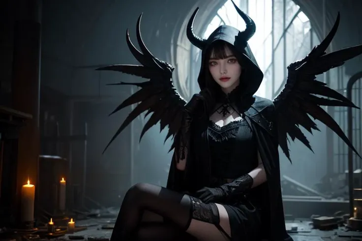 highly insanely detailed, masterpiece, top quality, best quality, highres, 4k, 8k, RAW photo, (very aesthetic, beautiful and aesthetic), (medium full shot) of (angelic demon with Sleek obsidian horns curling sharply) young woman, busty build, medium dark Faux Hawk hair, philippine, pale skin, yellow eyes, wearing Dark sorceress-inspired black robe with hood, thigh-high stockings, witchy boots, set in Laboratory ruins, Abandoned workbenches cluttered with rusted tools and shattered glassware, flickering lights casting eerie shadows on the cracked walls, strange symbols etched into the stone floor, a lingering scent of chemical decay, at night, woman smiling,
pure purple background,pure white background ,neon color,multicolored backgroundâââ