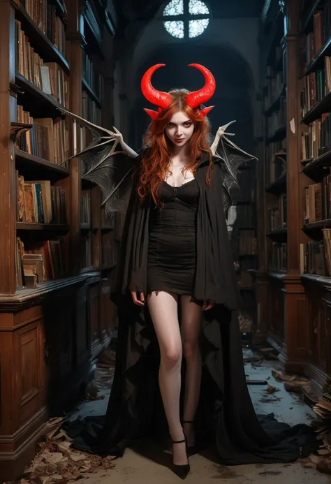 (medium full shot) of (supermodel demon with red horns tipped with flickering flames) young woman, slim build, extra long ginger Messy hair, japanese, pale skin, glowing white eyes,  wearing Enigmatic black cloak with hood, patterned stockings, stiletto heels, Shadowy wings swirling with whispers of dark magic,  set in  Library ruins, Dilapidated shelves filled with dusty books, tattered curtains billowing in the draft, antique furniture with clawed feet, eerie shadows dancing in the dim candlelight, whispered echoes of forgotten knowledge , at night, woman smiling, detailed face, ,Masterpiece,best quality, raw photo, realistic, very aesthetic