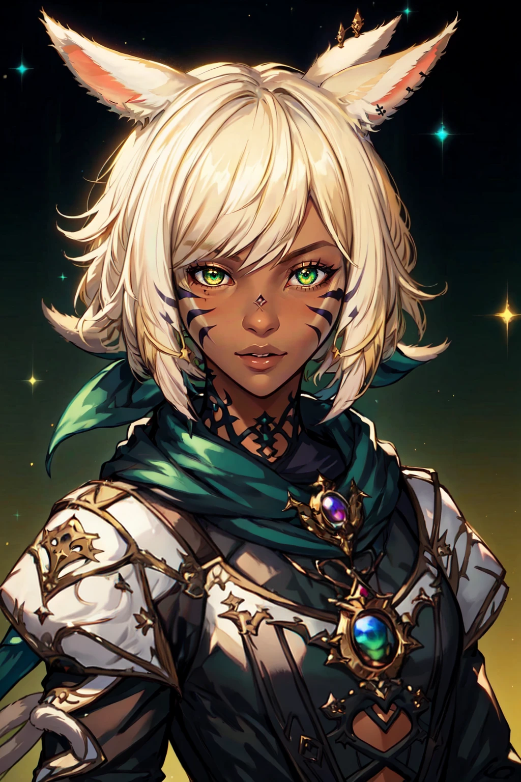 Yshtola Rhul FFXIV, 1girl, solo, looking at viewer, short hair, blonde hair, animal ears, green eyes, upper body, cat ears, dark skin, scarf, dark-skinned female, lips, tattoo, facial mark, hair tubes, slit pupils, miqo'te, <lora:YshtolaRhul:0.8>