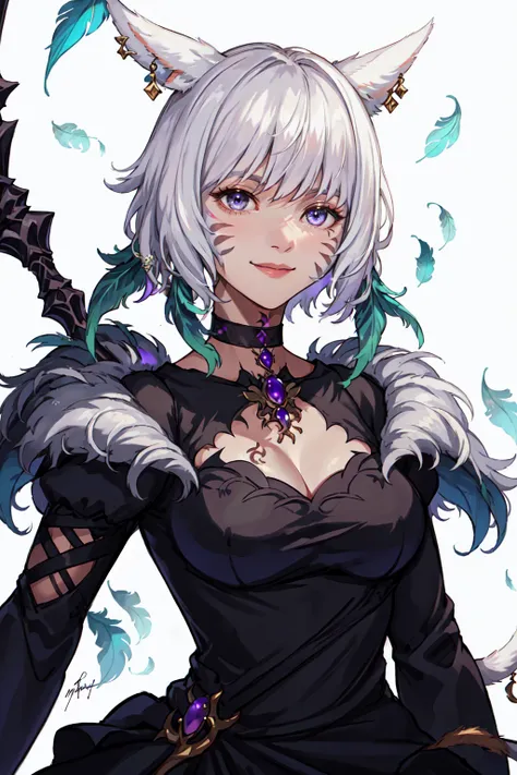 (8k), sharp focus, highres, 1girl, solo, (high quality:1.2), (high detail:1.2), (masterpiece:1.2), (extremely detailed:1.2), <lora:yshtola_rhul-10:0.9> yshtola_rhul, animal ears, cat ears, short hair, miqo'te, (grey eyes:1.2), facial mark, whisker markings, dark skin, tail, cat tail, feathers, medium breasts, feather hair ornament, hair ornament, fur trim, black dress, <lora:johndoe_e8:0.8>