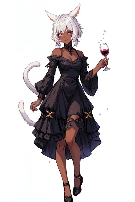 Yshtola Rhul FFXIV, 1girl, solo, looking at viewer, blush, smile, short hair, simple background, white background, dress, holding, animal ears, cleavage, medium breasts, standing, collarbone, full body, white hair, cat ears, dark skin, black footwear, black dress, dark-skinned female, cup, grey eyes, facial mark, holding cup, alcohol, drinking glass, whisker markings, wine glass, miqo'te, <lora:YshtolaRhul:0.8>