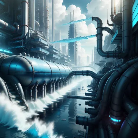 <lora:HydroTech-20:0.8>,hydrotech ,   scifi, water ,pipes, 
city