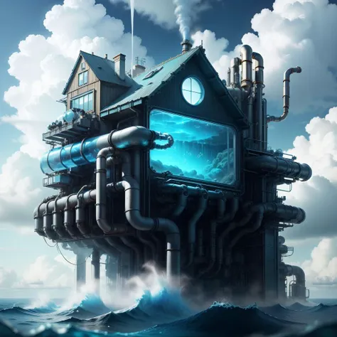 <lora:HydroTech-20:0.8>,hydrotech , scifi, water ,pipes, underwater, utopia,
house on a hill, blue sky, clouds