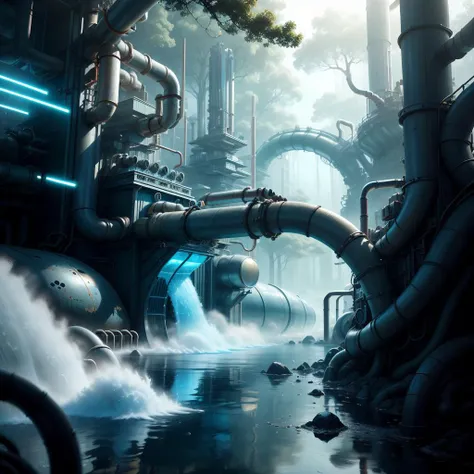 <lora:HydroTech-20:0.8>,hydrotech ,   scifi, water ,pipes, 
forest,