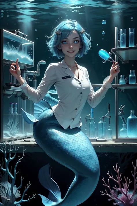<lora:HydroTech:0.8>,hydrotech , scifi, aquatic ,
scholar , scroll, 1girl,(mermaid),long hair, pale skin,blue hair, glowing eyes, smile ,closed mouth,bob cut, lab coat, underwater lab, lab equipment