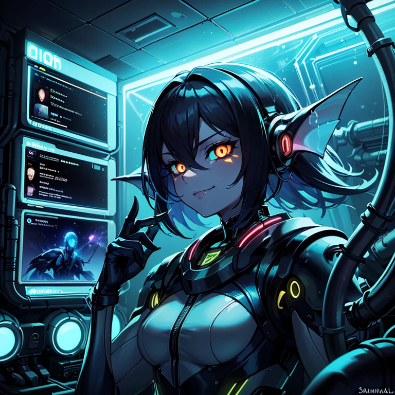 muscular (black sclera:1.4) aquatic monster girl, Nereid, fins, shark girl, seawolf, detailed background, detailed face, BREAK portrait, looking at viewer, solo, (full body:0.6), detailed background, detailed face, (<lora:HydroTech:0.6>, scifi, hydrotech|<lora:Neonpunkai-8:0.4>, Neonpunkai, neon} theme:1.1) high-tech futuristic hacker, smirk, advanced technology, techwear, wearable device, (holographic display:1.05), access granted, encoded text, screens in background, blue lights, espionage, dark sinister atmosphere, shadows,