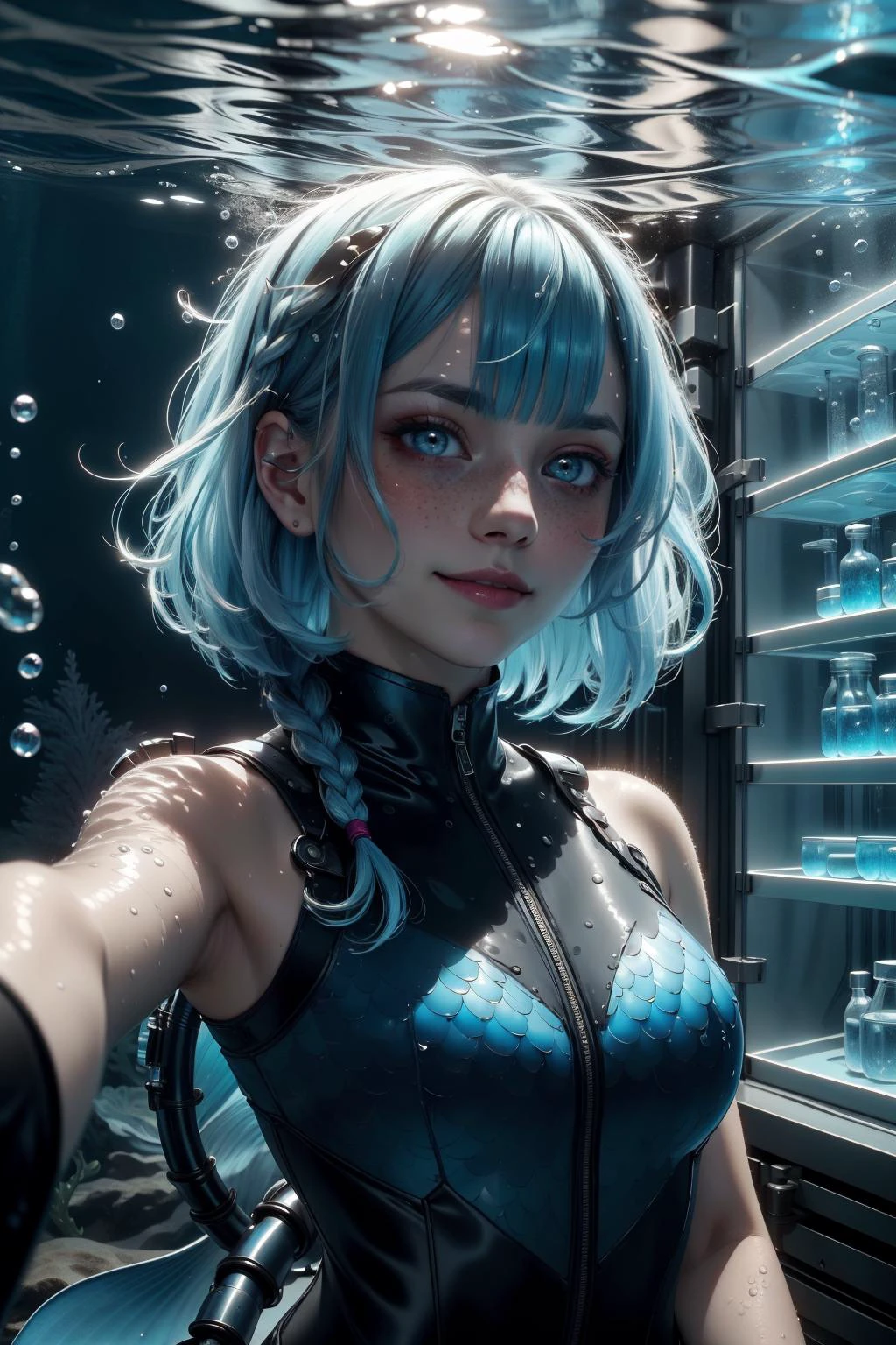 <lora:HydroTech:0.8>,hydrotech , scifi, aquatic ,
scholar , scroll, 1girl,(mermaid),long hair, pale skin, blue hair, sharp edges bob haircut, braids, aqua IncursioDipDyedHair, gloss shine, freckles, blush, glowing eyes, smile ,closed mouth,bob cut, lab coat, underwater lab, lab equipment <lora:DipDyedHair:1>