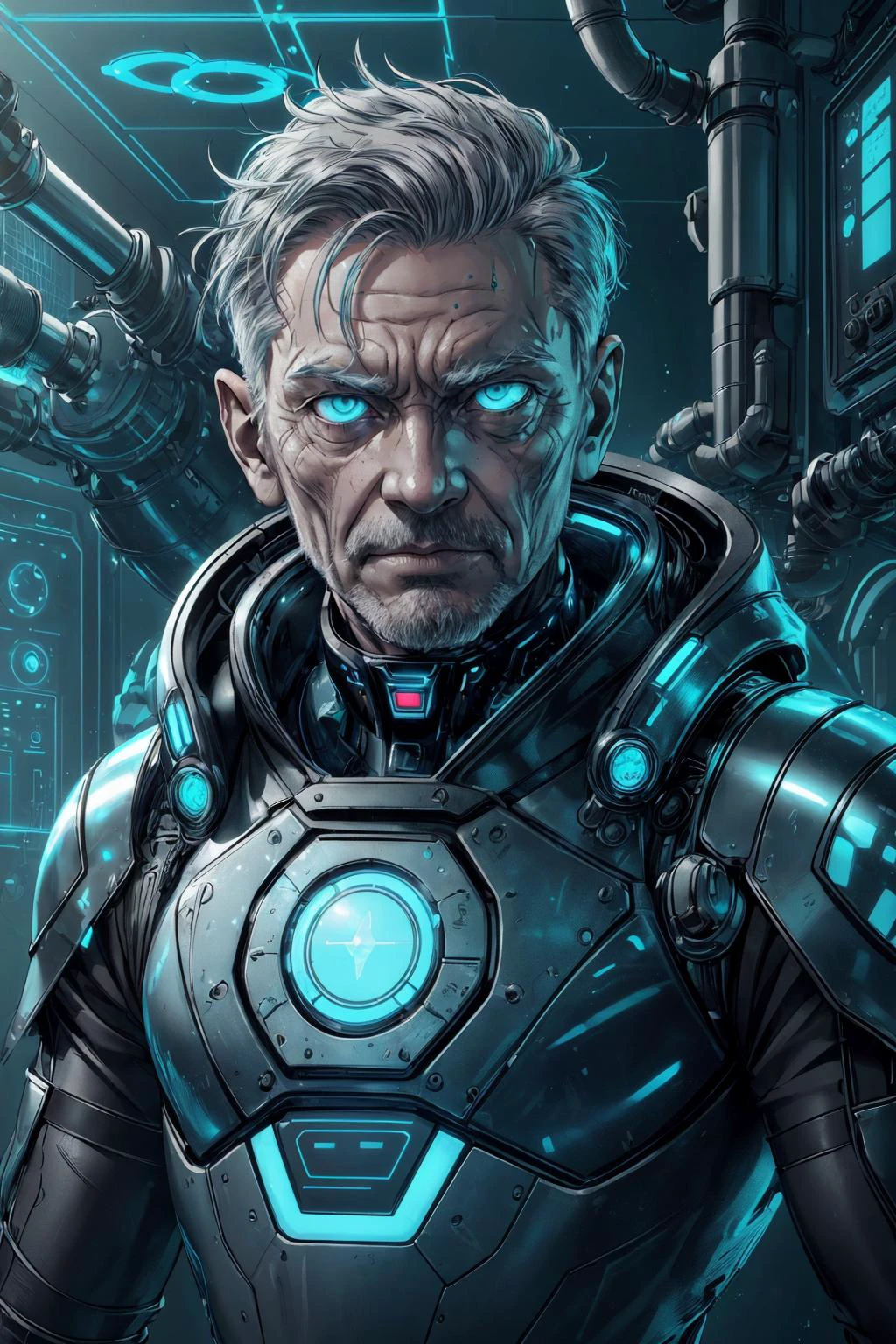 <lora:add_detail:0.5>, <lora:FZB_line_weights:0.4>, <lora:realistic:0.1>, <lora:sharpen-soften:-0.1>,
(1man, wrinkled face, old polish male:1.2), turquoise eyes, gray hair, short hair,
portrait, looking at viewer, solo, (full body:0.6), detailed background, detailed face, (<lora:HydroTech:0.6>, scifi, hydrotech theme:1.1) high-tech futuristic hacker, advanced technology, techwear, head-up display, blue (holographic display:1.05), unauthorized, numbers, neural network, control panel in background, subterfuge, dark sinister atmosphere,
