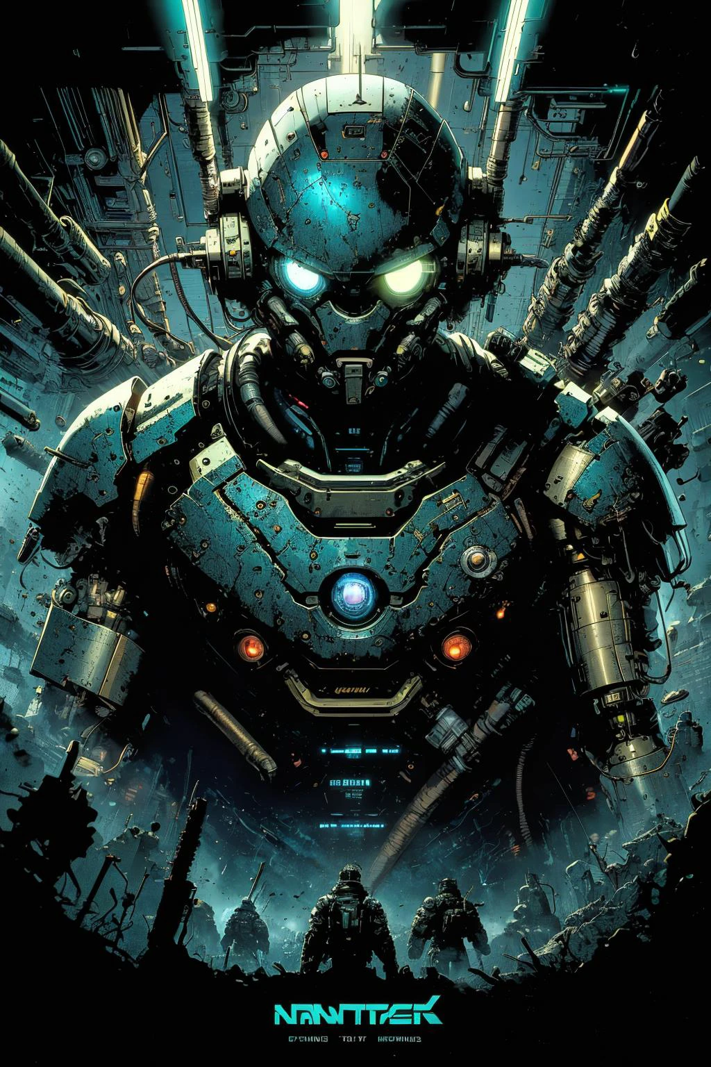(masterpiece:1), (best quality:1), high contrast, strong shadows, outlines, <lora:graphicNovelStyle_v10:0.2>,
(1man, thin adult european male:1.2), teal eyes, brown hair, fade with sideburns,
<lora:GoodHands-beta2:0.8>,
solo, upper body, looking at viewer, detailed background, detailed face, (<lora:HydroTech:0.6>, scifi, hydrotech theme:1.1), cyborg trooper, demolitions expert, wearing metal armor, tactical belt, battle-worn , head-up display, scifi weapons, nanotechnology, emblem, calm, bionic eye, taking cover, movement, cybernetics, glowing lights, :battlefield in background, storm, intense atmosphere,