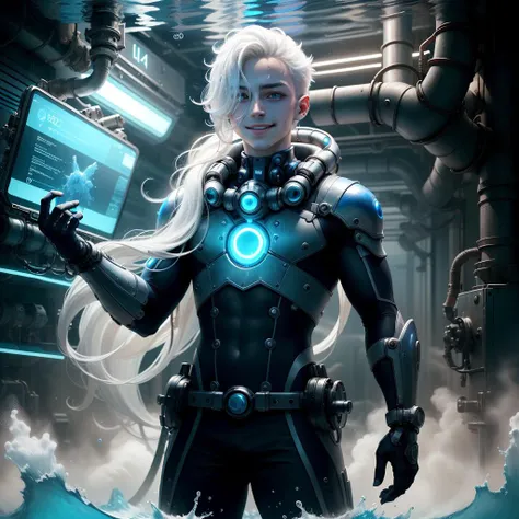 <lora:HydroTech-20:0.8>,hydrotech , scifi, aquatic ,
scholar , scroll, 1boy,long hair, pale skin,white hair, glowing eyes, smile ,closed mouth,