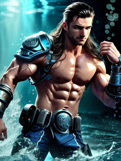 hydrotech, scifi, (one male).
Very detailed masculine face, heroic, detailed realistic open eyes, (muscular:1.5), narrow waist, (long hair), (slight smile).
aquatic, detailed, intricate. (shirtless) (topless male), boots, bracers, shoulder guards.
Realistic, photoreal, High contrast, high saturation, highly detailed, high quality, masterpiece, volumetric light, vibrant colors, bokeh, depth of field.
<lora:BeautifulEyes:0.9>
<lora:HydroTech:0.8>