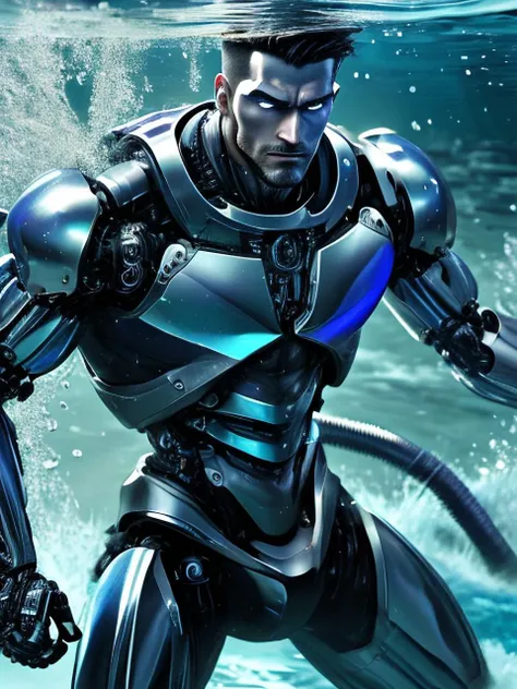 hydrotech, scifi, (one male).
Very detailed masculine face, heroic, detailed realistic open eyes, (muscular:1.5), narrow waist, (long hair), (slight smile).
aquatic, detailed, intricate. Cyborg. (shirtless) (topless male), boots.
Realistic, photoreal, High contrast, high saturation, highly detailed, high quality, masterpiece, volumetric light, vibrant colors, bokeh, depth of field.
<lora:BeautifulEyes:0.9>
<lora:HydroTech:0.8>