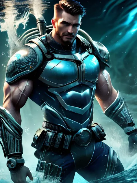 hydrotech, scifi, (one male).
Very detailed masculine face, heroic, detailed realistic open eyes, (muscular:1.5), narrow waist, (long hair), (slight smile).
aquatic, detailed, intricate. (shirtless) (topless male), boots, bracers, shoulder guards.
Realistic, photoreal, High contrast, high saturation, highly detailed, high quality, masterpiece, volumetric light, vibrant colors, bokeh, depth of field.
<lora:BeautifulEyes:0.9>
<lora:HydroTech:0.8>