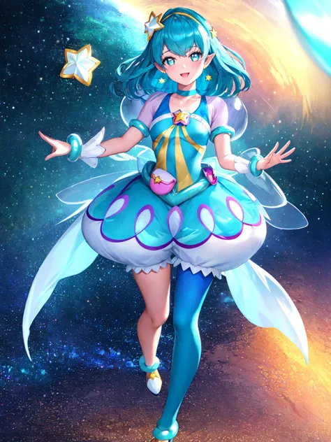 masterpiece, best quality, highres, looking_at_viewer, depth_of_field, full body,
1girl, <lora:locon_cure_milky_04:0.9>, cure milky, symbol shaped pupils, see-through short sleeves, hair ornament, single leg pantyhose, star, pointy ears, earrings, wrist cuffs, porch,
smile, standing, gradient background, milky_way, galaxy,