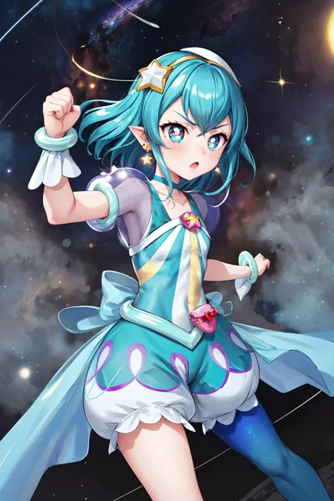 masterpiece,best quality,1girl,cure milky,symbol shaped pupils,see-through short sleeves,hair ornament,single leg pantyhose,star,(pointy ears:0.7),earrings,wrist cuffs,porch,((serious)),fighting stance,action pose,attack,(motion lines,motion blur),shockwave,cowboy shot,((outer space,milky way)),dutch angle,<lora:locon_cure_milky_04:0.95>,<lora:Concept-control tool-add_detail-CyberAIchemist:0.9>,