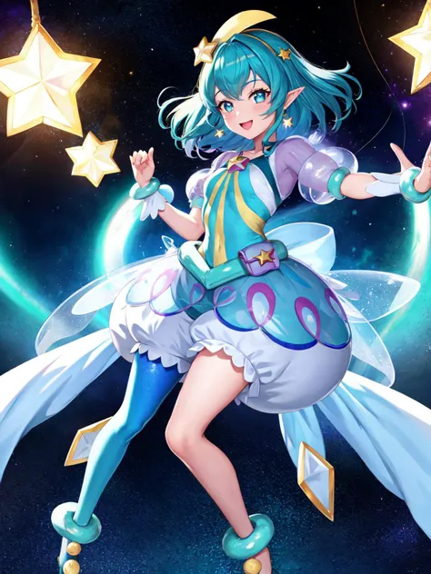 masterpiece, best quality, highres, looking_at_viewer, depth_of_field, full body, official art,
1girl, <lora:locon_cure_milky_04:0.9>, cure milky, symbol shaped pupils, see-through short sleeves, hair ornament, single leg pantyhose, star, pointy ears, earrings, wrist cuffs, porch,
smile, standing, gradient background, milky_way, galaxy,